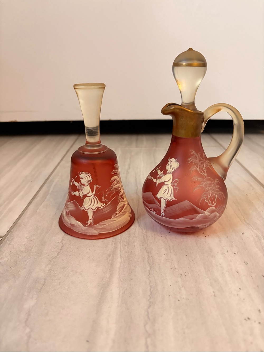 Vintage Mary Gregory Cranberry Glass Cruet with Glass Stopper Hand Painted